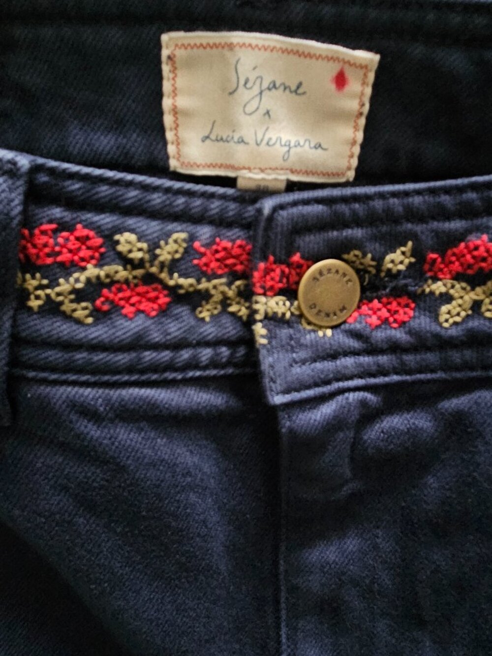 Sezane x Lucia Vergara Marine Blue w/Jazmin Embroidery Jeans size 38/ US6 cotton - Picture 7 of 12